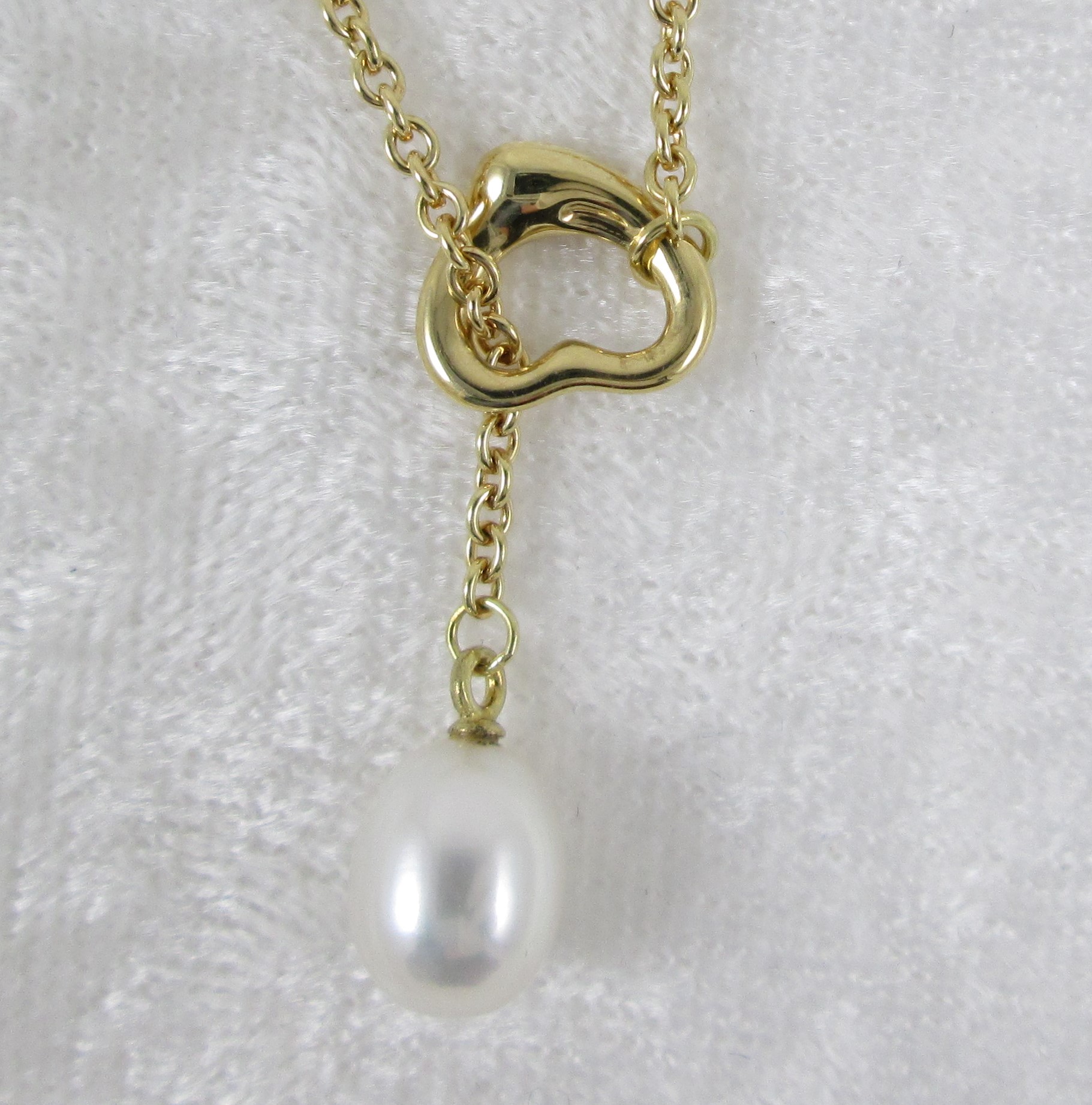 Tiffany 18K Gold and Pearl Open Heart Lariat Necklace