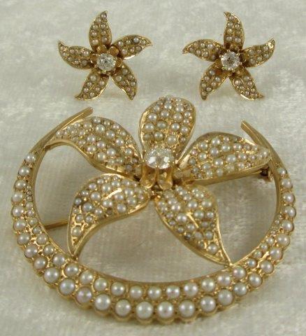 Pearl, Diamond, 14K Brooch and Earring Set