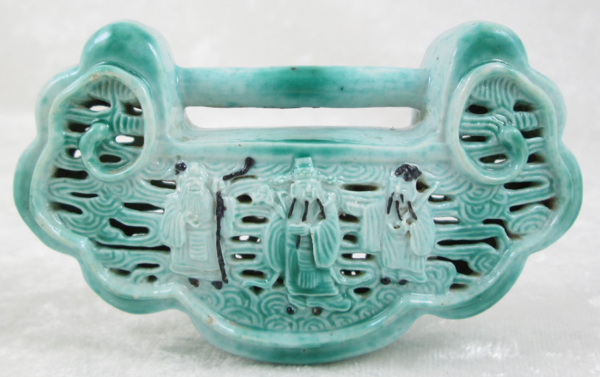 Antique Chinese Green Glazed Porcelain Padlock Pendant